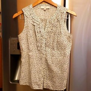 Vintage Ann Taylor loft 100% cotton white with grey leopard ruffle sleeveless bu